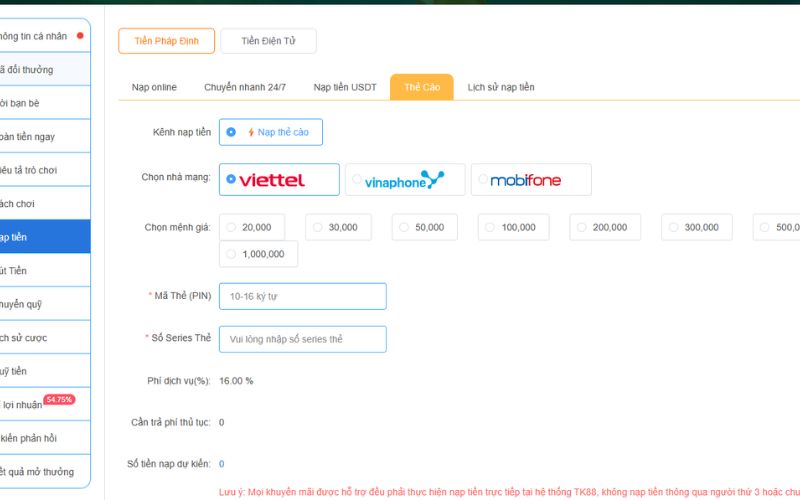 Người dùng thực hiện giao dịch nạp tiền trên nền tảng lô đề trực tuyến
