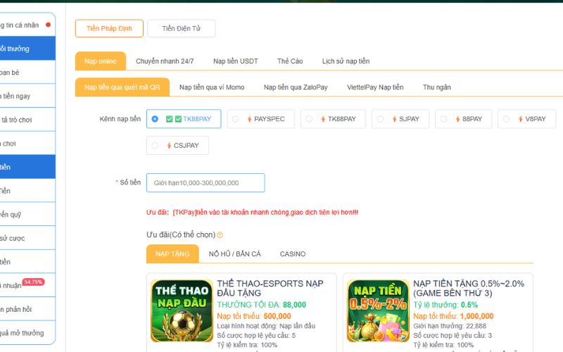 Giao diện nạp tiền trên trang lô đề online với nhiều phương thức thanh toán