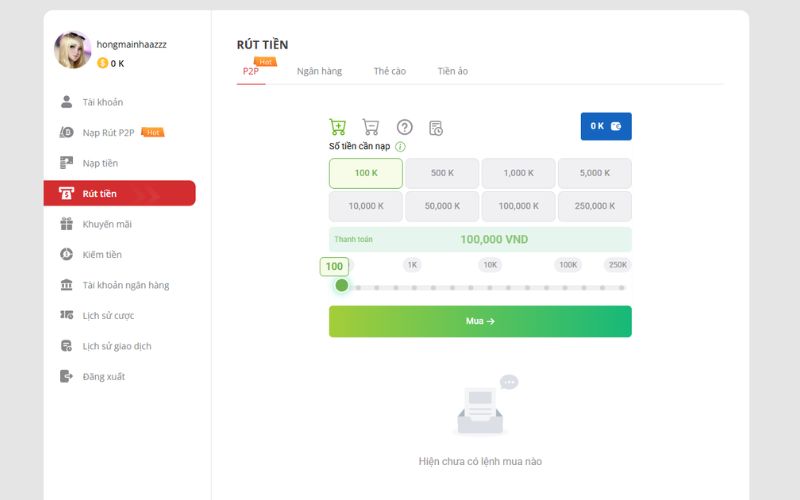 Giao diện yêu cầu rút tiền trên nền tảng lô đề online